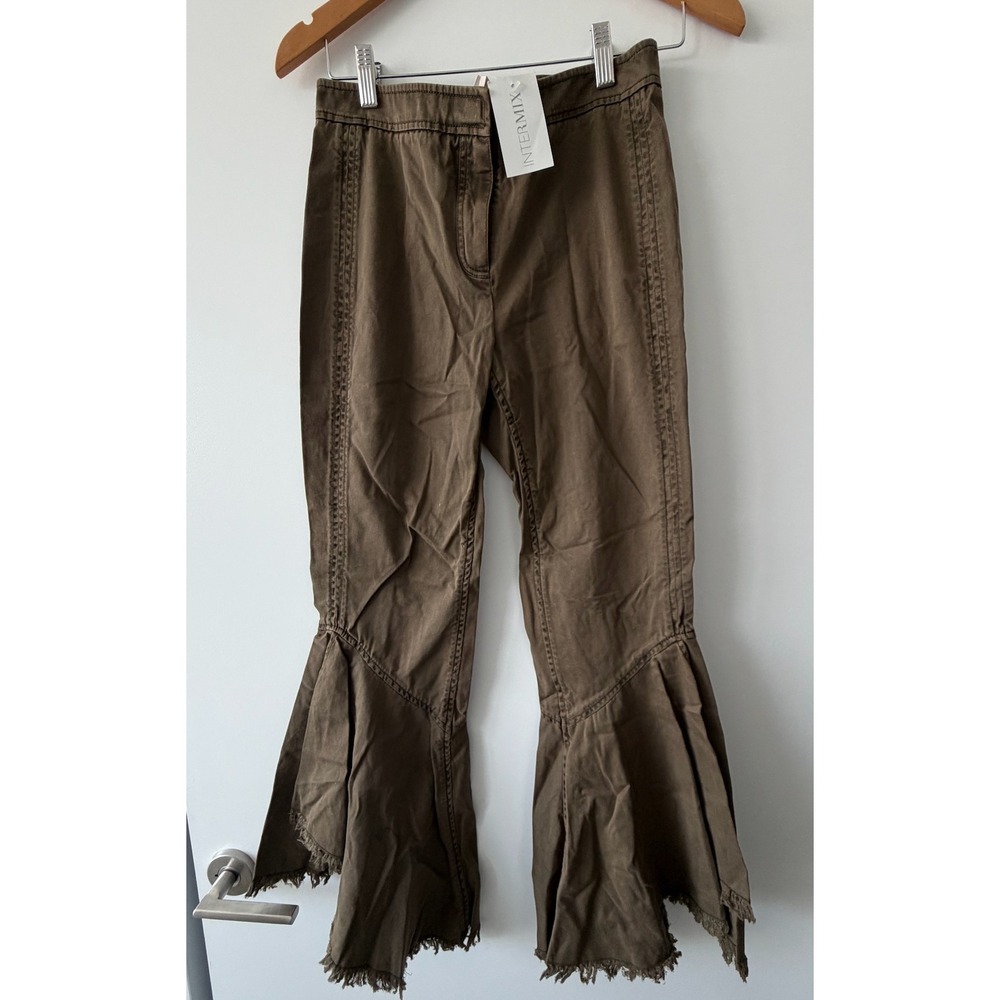 Intermix x Cinq a Sept Brown Olive Flare Bell Bottom Frayed Festival Pant